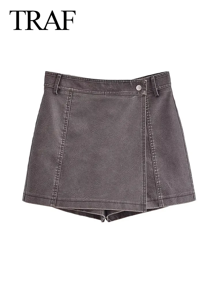 Юбка женская кожаная коричневая Асимметричная на молнии с высокой талией и