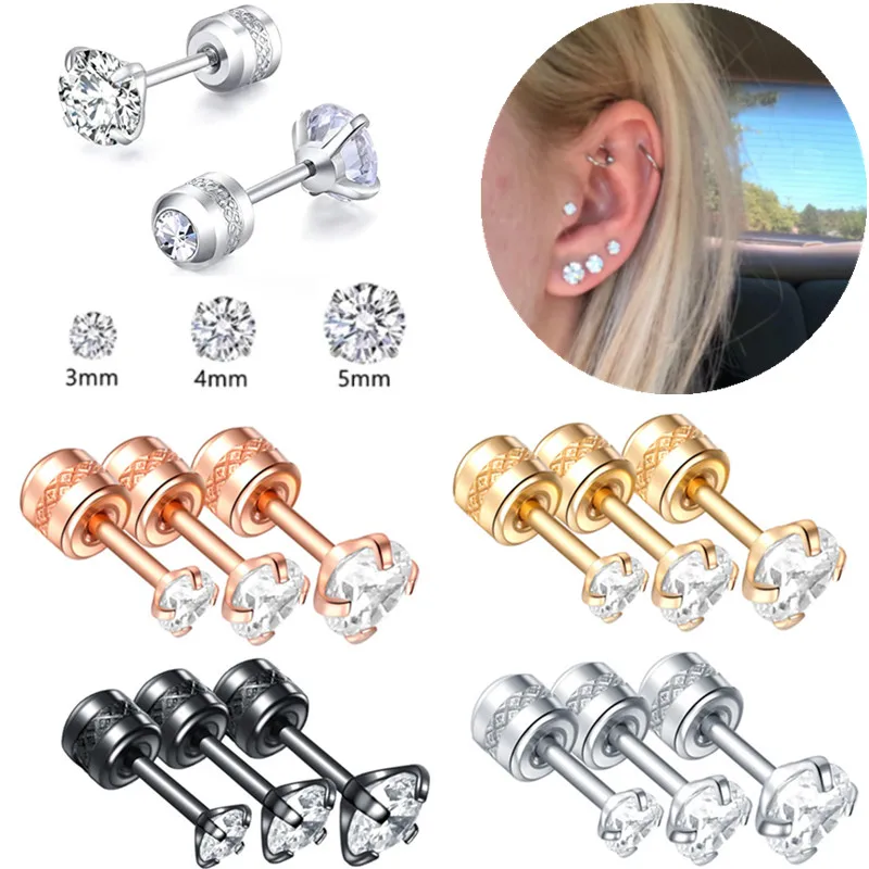

1Pair 3/4/5Mm Crystal Stud Earring Screw Back Stainless Steel Cz Earrings Studs Men Women Zircon Stud Earrings Ear Lobe Piercing