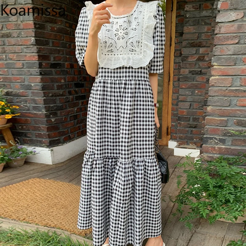 

Koamissa Sweet French Style Women Patchwork Long Dress Vintage Round Neck Lace Up Loose Causal Summer Plaid Dresses New Vestidos