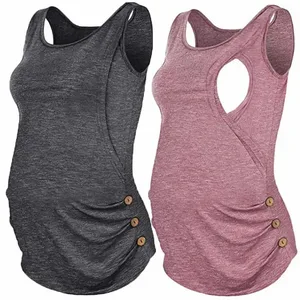 Maternity Tank Tops For Breastfeeding Moms Summer Sleeveless Solid Color Vest Top Round Neck Button Pullover Pregnancy Clothes