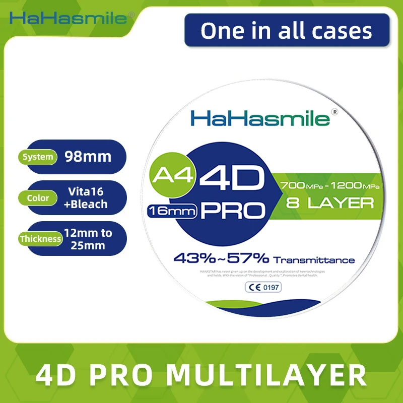 

HaHasmile 4D Pro Multilayer A4 Dental Zirconia Blocks 8 Layer High Quality for Porcelain False Teeth Dentistry Material CAD CAM