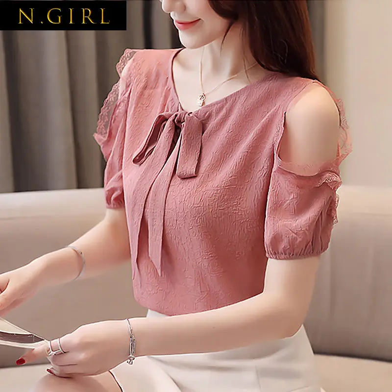 

Short Sleeve Bow Off Shoulder Splicing Lace Blouse Lace Up Plus Size Loose Female Clothing Sweet Commute Shirt Summer Tops