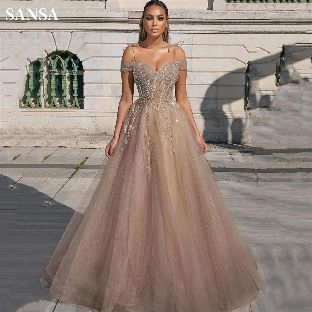 

Sansa Sexy Champagne Prom Dress Gliiter Off Shoulder Ball Gown Vestidos De Noche Sexy Short Sleeve Puffy فساتين سهره فاخره