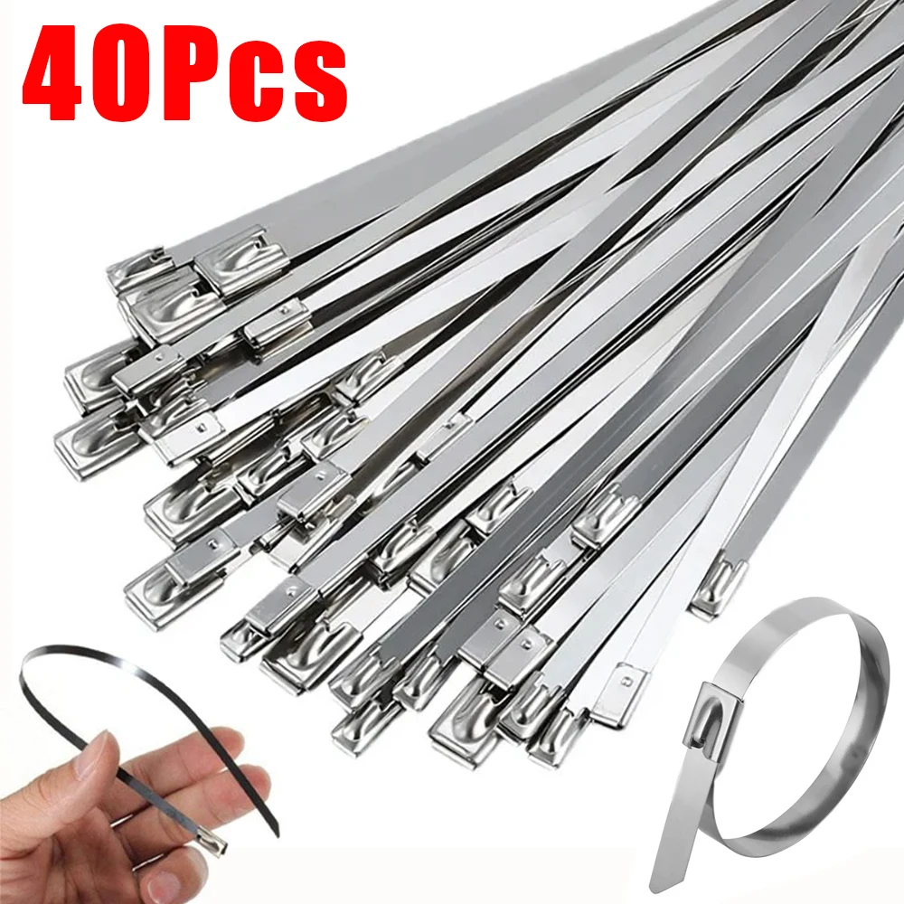 

20/40Pcs Stainless Steel Cable Ties Reusable Self-sealing Fastening Ring Cable Tie Multi-Purpose Metal Hardware Cable Organizer