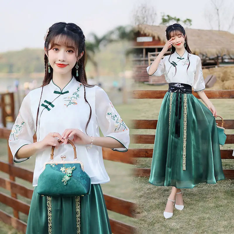 

2023 китайское женское платье костюм Улучшенный винтажный hanfu cheongsam стоячий воротник Топ длинная свободная юбка hanfu элегантный набор Ципао g686