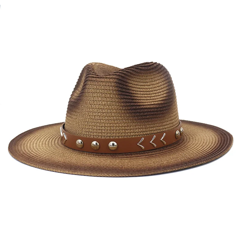 

Brown Leather Belt Decoration Felt Hats Men And Women Handmade Weave Natural Straw Outdoor Straw Hat Fashion Jazz Hat Wholesale