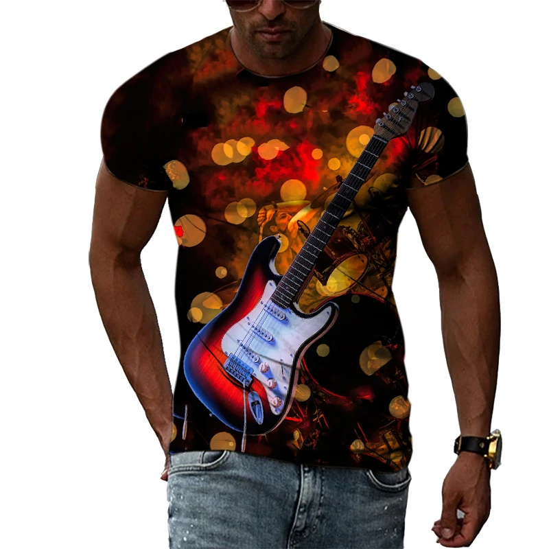 

The New Summer Rock Guitar Fashion For Men Is 3d Printed Harajuku Print Street Hip Hop Personality Round Neck Short Sleeve Top