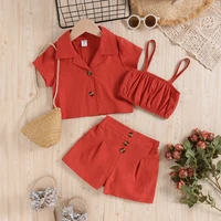 2022 new children clothing fashion short sleeved three piece washable cotton sling wrap chest lapel shorts suit 2 7y