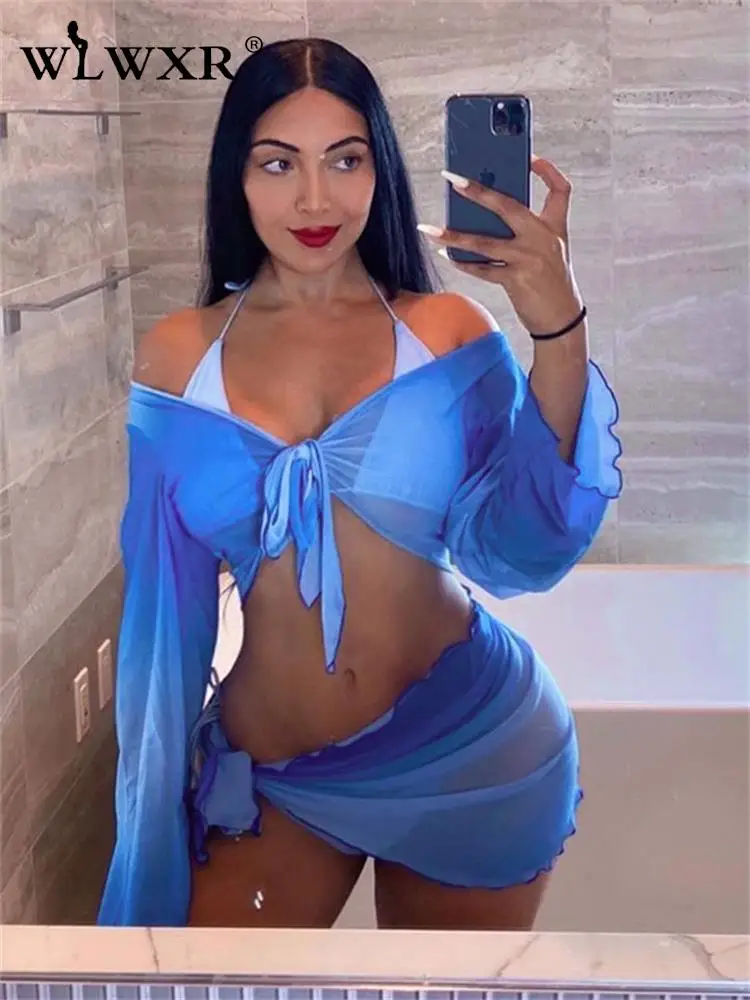 

WLWXR летний уличный бандажный комплект из 4 предметов, Клубные наряды, Женский 2023 синий сетчатый прозрачный топ и юбка, комплекты пляжной женской одежды