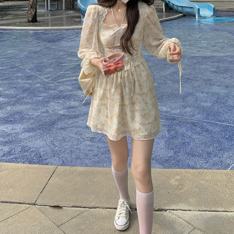 

Puff Sleeve Bandage Lace Floral Dress Female Spring and Summer Waist Slim Elegant Korean Version A Ball Skirt Gothic White Dress