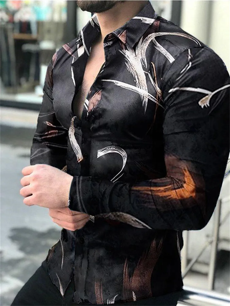 

Рубашка мужская с длинным рукавом, Повседневная блуза из полиэстера, с принтом, с отложным воротником, на пуговицах, одежда на осень