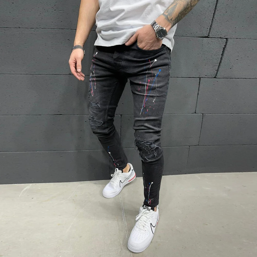 Men's Casual Jeans Print Paneled Ripped Holes Jeans Male Slim Skinny Cowboy Trousers Fashion Spring Autumn Man Street Clothes
