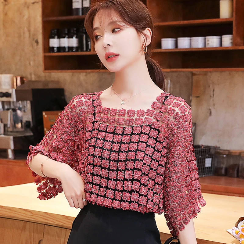 Блузка женская шифоновая однотонная на бретельках с кружевом сетчатая 8976 50 |