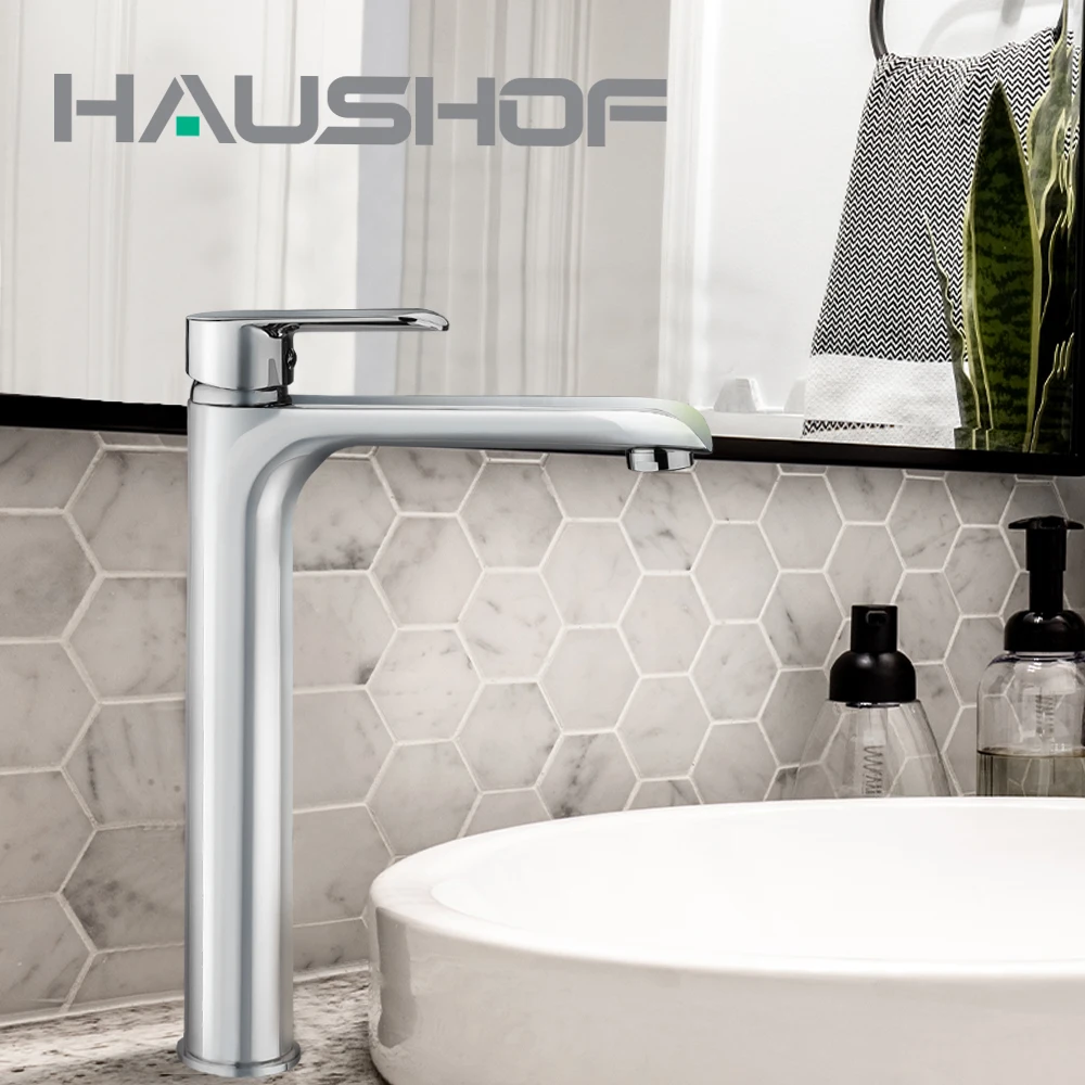 

Высокий смеситель для раковины HAUSHOF Chrome, латунный Смеситель для раковины в ванную комнату, смеситель для воды, кран для горячей и холодной во...