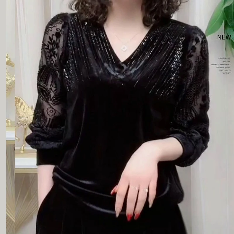

V-Neck Diamond-Studded Gauze Mesh Women'S Spring New Comfortable Long-Sleeved Solid Color Beautiful Bottoming Loose T-Shirt