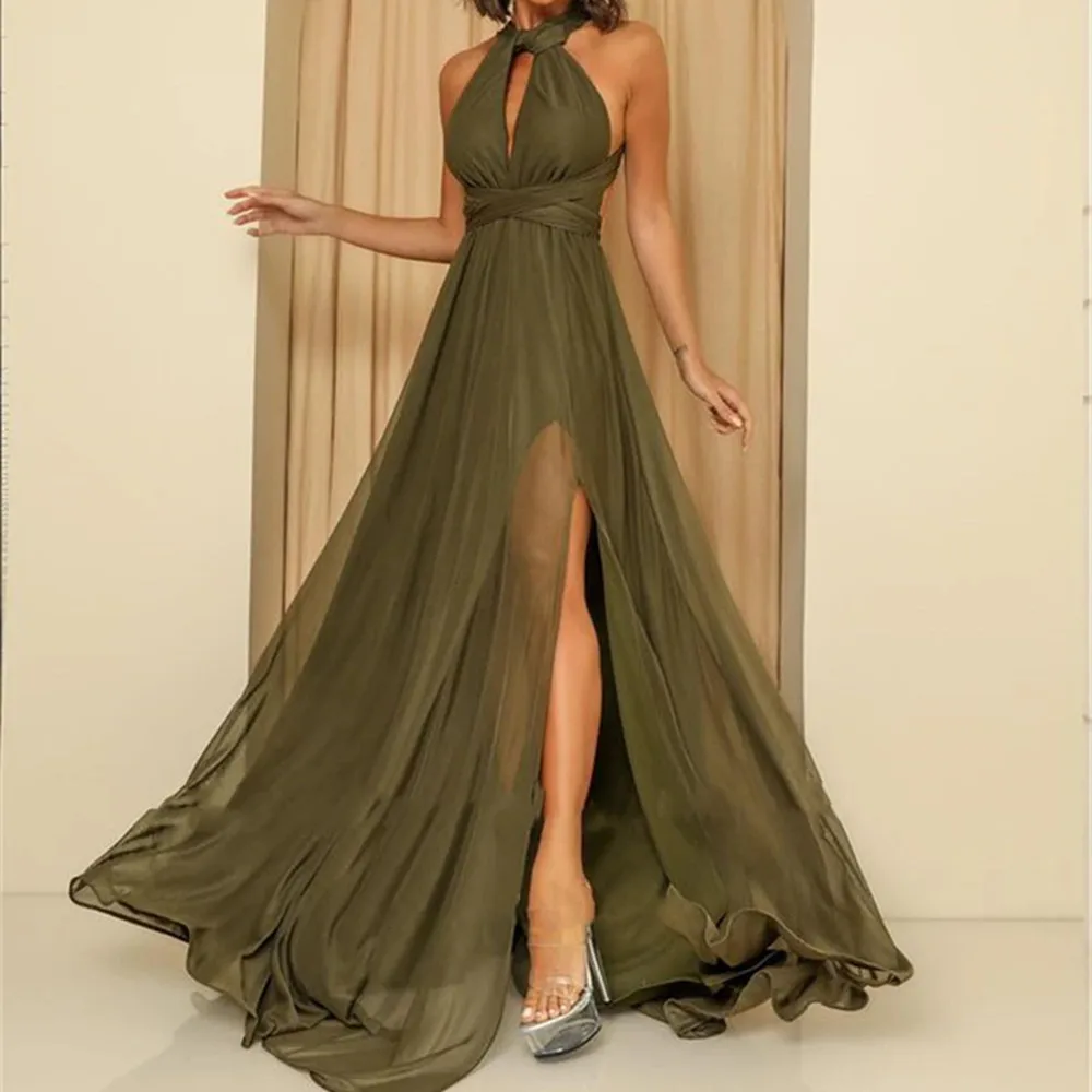 

Green Chiffon Long Prom Dresses Jewel Neck Side Slit Criss Cross Simple Evening Gowns Women Formal Party Dress