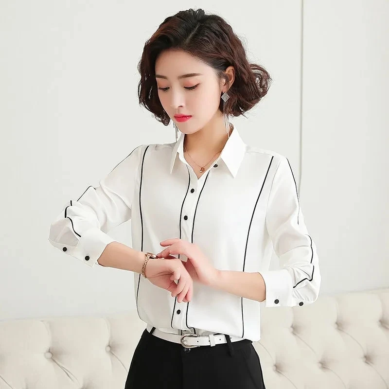 

Stripes Chiffon White Shirt Women Long Sleeve Loose Turn-down Collar Blouses 2022 New Fashion Formal Business Work Tops Black