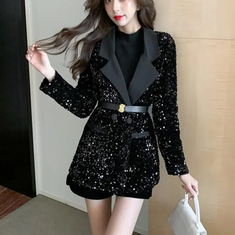 Женский Блестящий Блейзер повседневный черный пиджак с поясом весна 2024