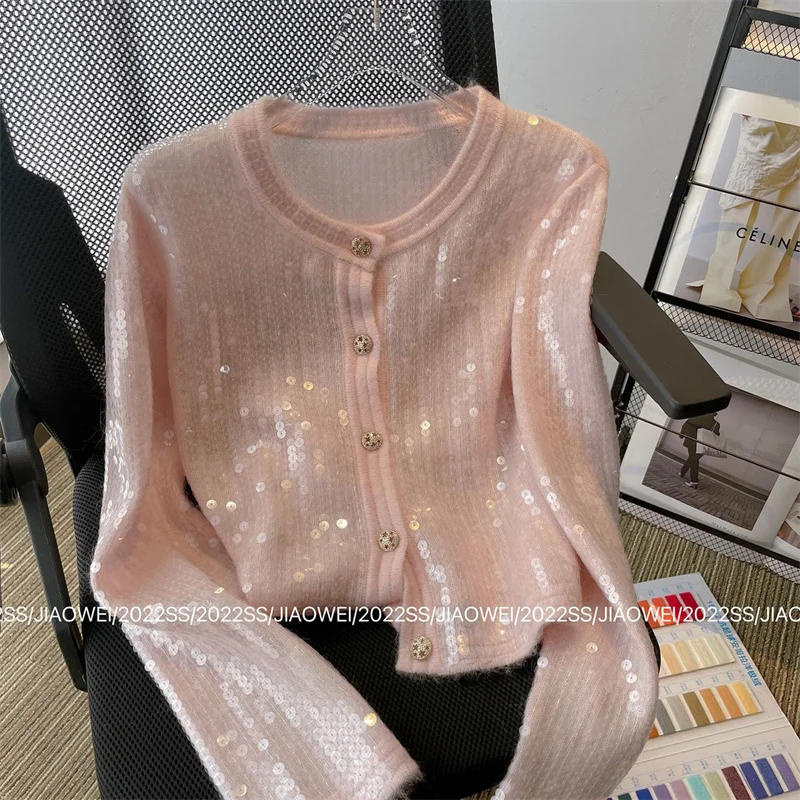 

Spring Autumn Sequines Sweater Women Runway Pink Cashmere Knitted Cardigans Women's Wool Knitwear Coat Luxury Chic Jacket H392