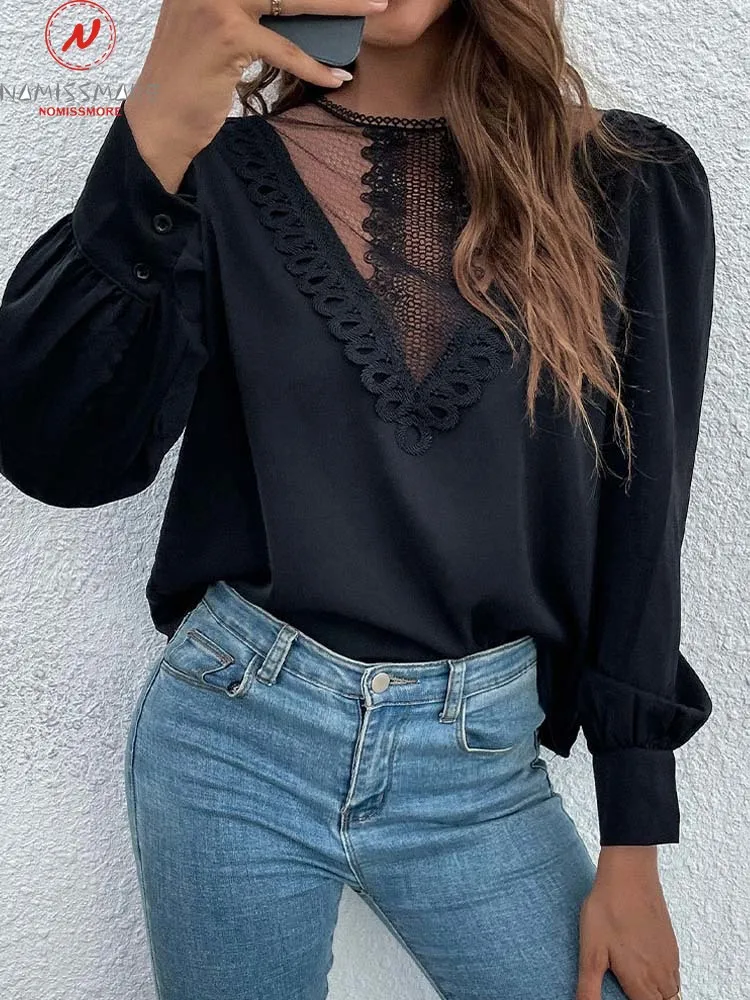 

Модная женская однотонная блузка с вырезами, дизайнерская прозрачная шифоновая блузка с кружевными пуговицами и круглым вырезом, повседне...