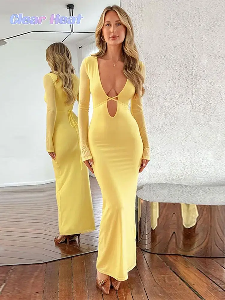 

Женское модное сексуальное желтое платье с запахом, облегающее Платье макси с V-образным вырезом и длинным рукавом, модель 2023 года, женское блестящее Клубное облегающее вечернее платье