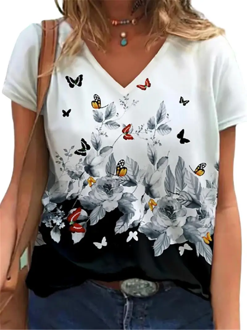 

Women Fashion T-Shirts Summer Short Sleeve Casual Tops Butterfly High Street Tee 5XL Plus Size Women Clothing Loose T-Shirt