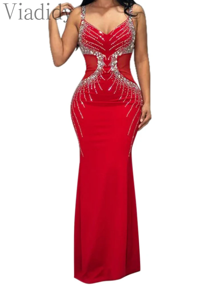 Women Spaghetti Strap Rhinestone Floor Length Mermaid Party Dress