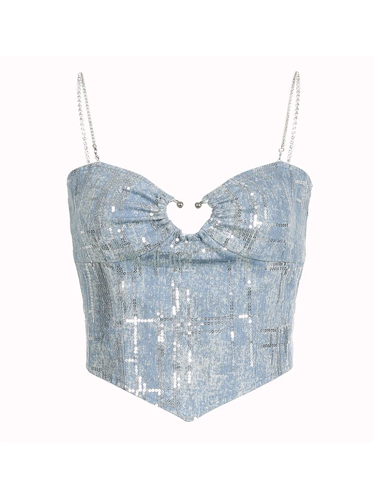 

Summer Women Gyaru Sequins Crop Tops Coquette Hollow Out Chain Camisole Cute Backless Hot Sexy Y2k Streetwear Bodycon Goth Tide