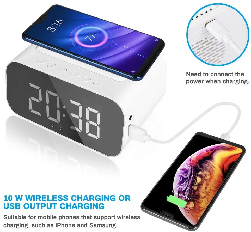 

Alarm Clock Radio with Bluetooth Speaker Wireless Charging LED Display with USB Port AUX Input Hands-free Call for Home Decor