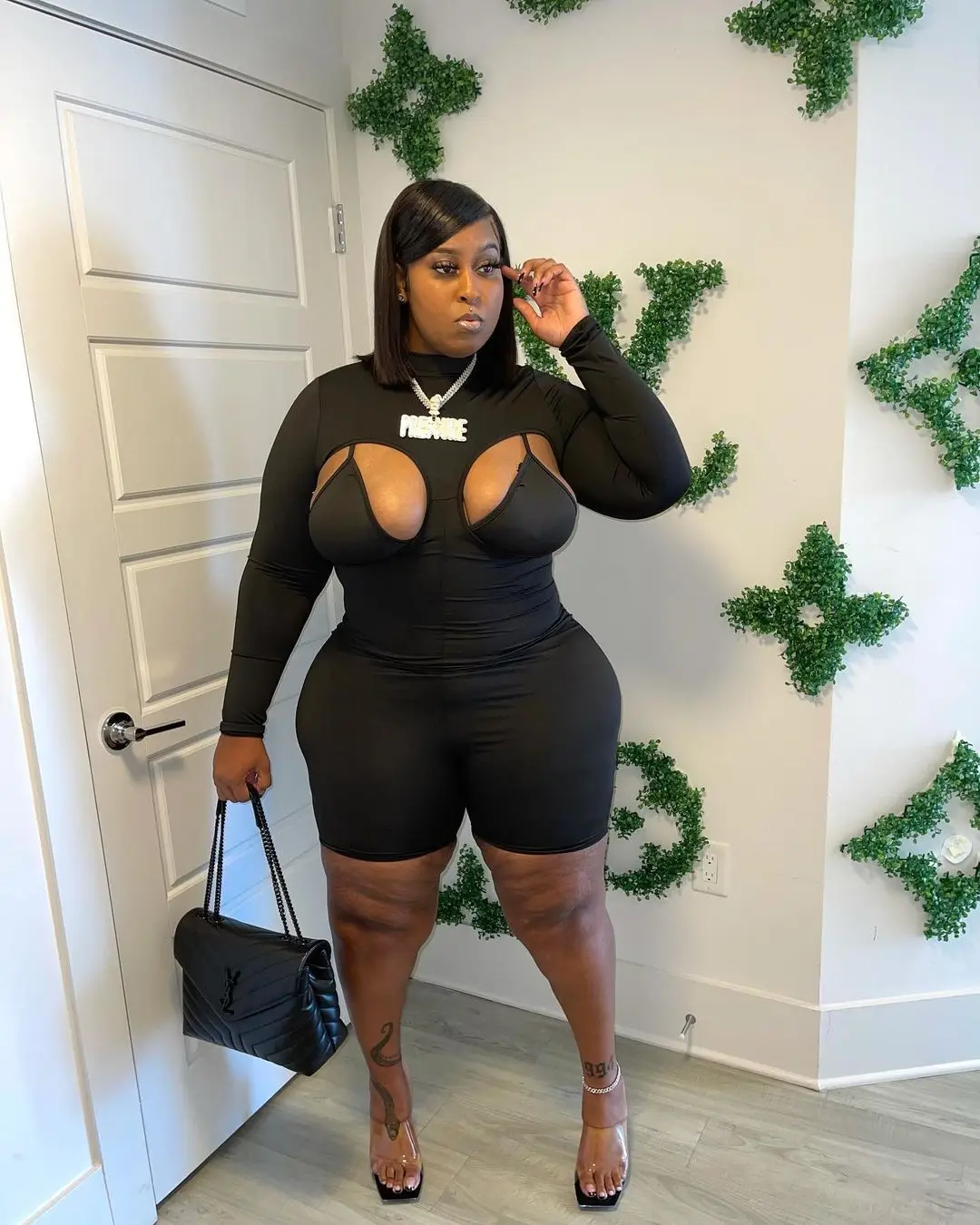 

Pure Black Hollow Out Chic Sexy Women Two Piece Shorts Matching Sets Long Sleeve Top Wholesale Plus Size Clothing 5XL