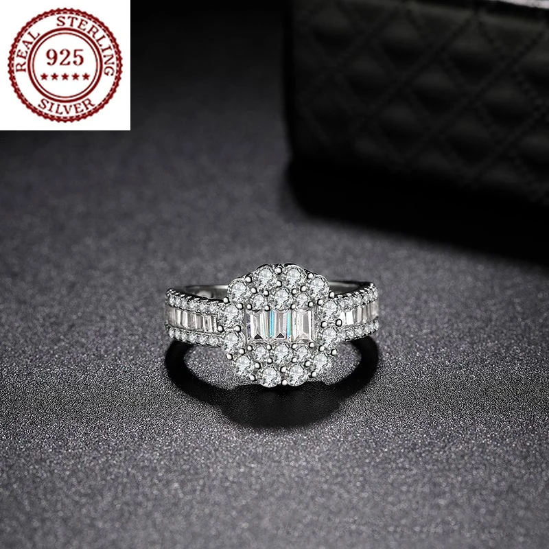 

S925 Silver Gold-plated 1 Carat Effect T-square Sugar Moissanite Ring Micro-set Multi-diamonds Luxury Unique Female Jewelry Gift