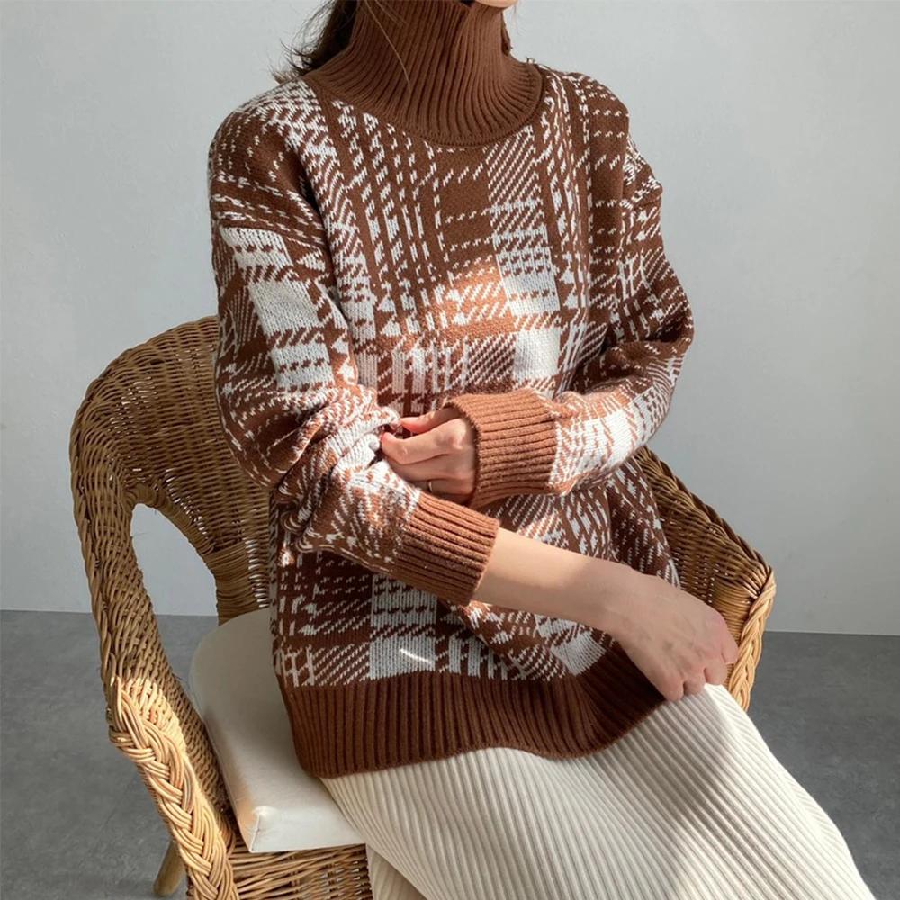 

Turtleneck Pullover Sweater Spring Houndstooth Sweater Women 2022 Loose Long Sleeve Top Casual Female Bottoming Shirt Trend