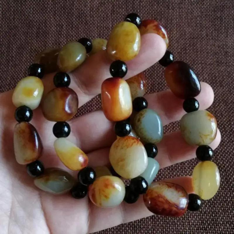 

Natural Hetian Jade Raw Beads Tumbled Stone Bracelet Genuine Chinese Nephrite With Skin Jades Original Stone Bracelets Bangle
