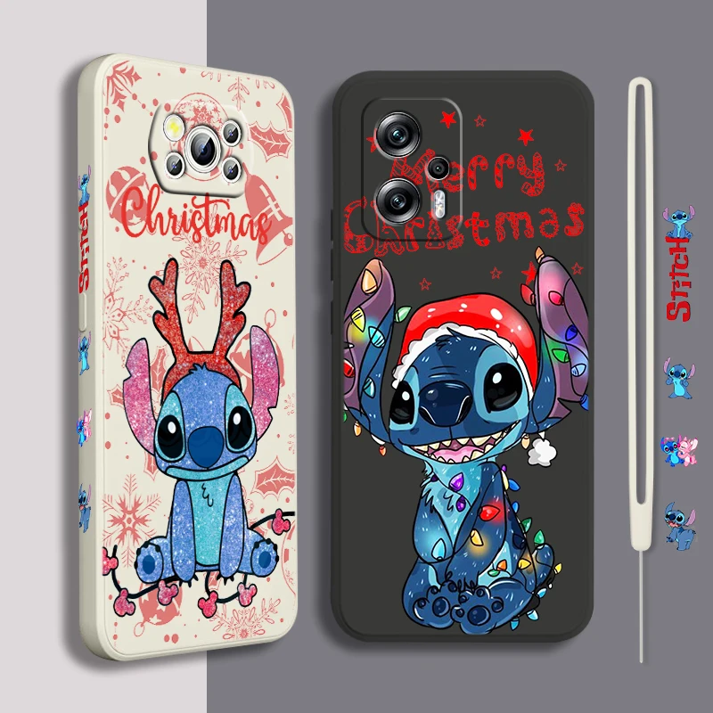 

Christmas Anime Stitch Baby For Xiaomi POCO X5 M5 C40 M4 X4 F4 C40 X3 NFC F3 GT M4 M3 M2 Pro 4G 5G Liquid Left Rope Phone Case