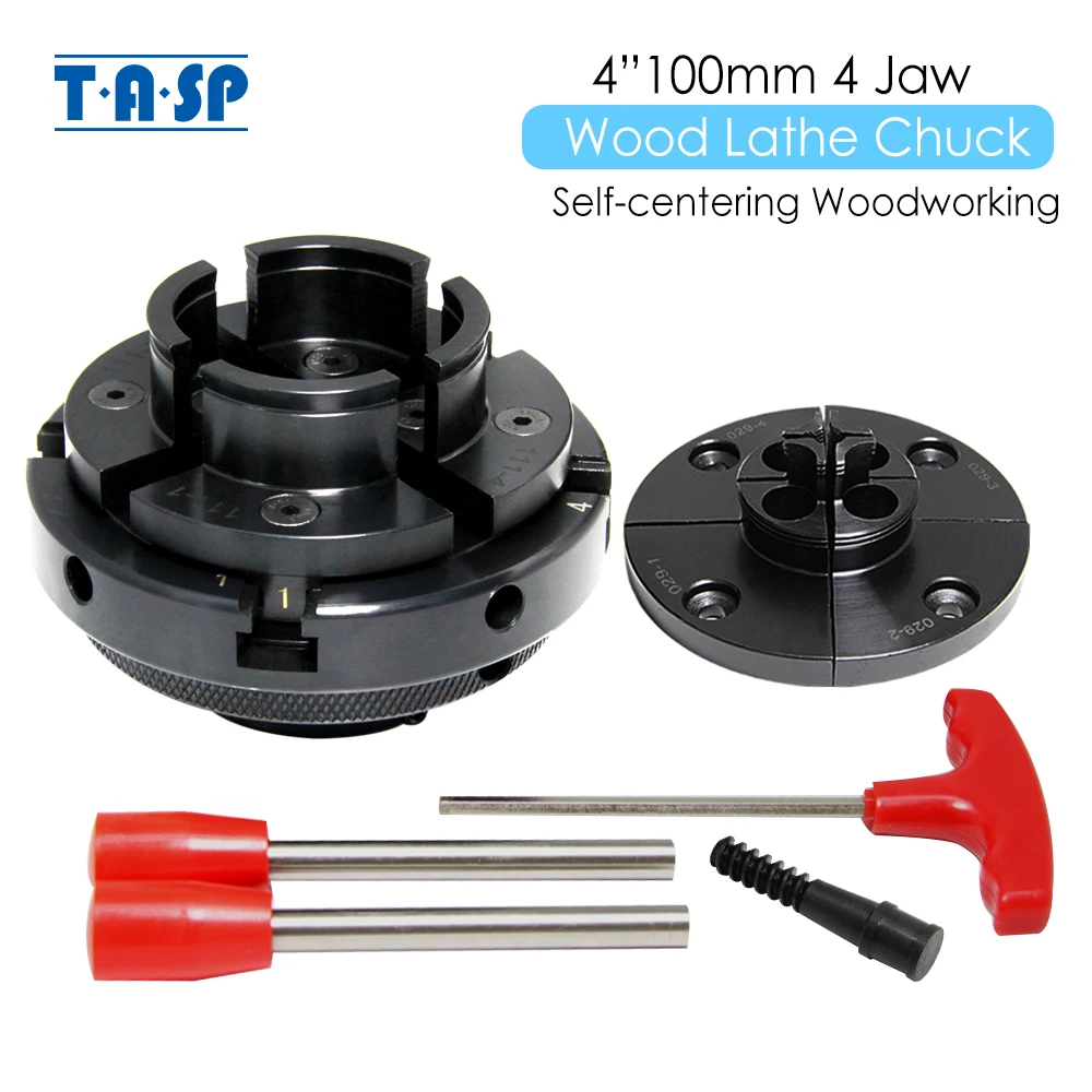 

TASP 4" Wood Lathe Chuck 4 Jaw Self-Centering Woodworking Turning Tool with 2 Jaw Sets Mount Thread 1Inch 8TPI M33x3.5 M18x2.5