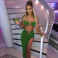 sexy skirt two piece set women summer solid strapless ring bra tank tops high split maxi skirts outfit party club matching sets
