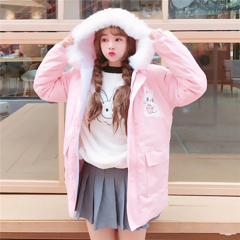 

Fashion Cute Cartoon Print Maiden Thicken Coat Winter Women Kawaii Hooded Loose Casual Coats Autumn Female College Style Jackets