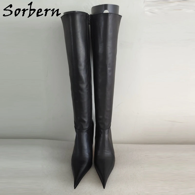 Sorbern Cow Leather Women Boots Knee High Pointed Toe 10Cm -12Cm High Heel Stilettos Real Leather Lining Soles Custom Legs