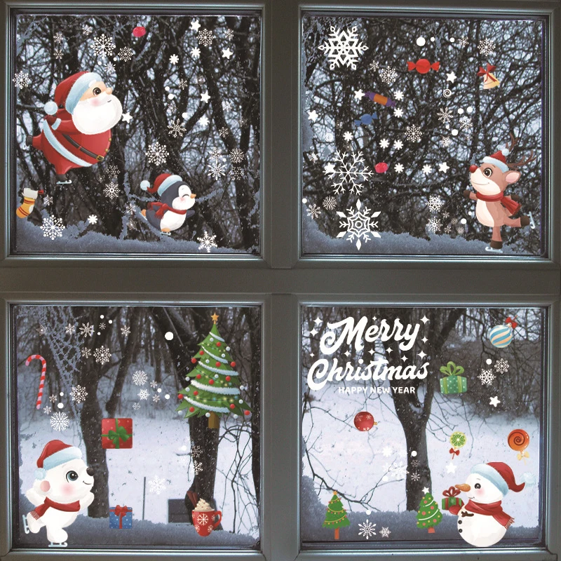 

2021 Merry Christmas Film Non-Adhesive for Home Christmas Decoration New Year Windows Santa Claus Elk Glass Sticker Window