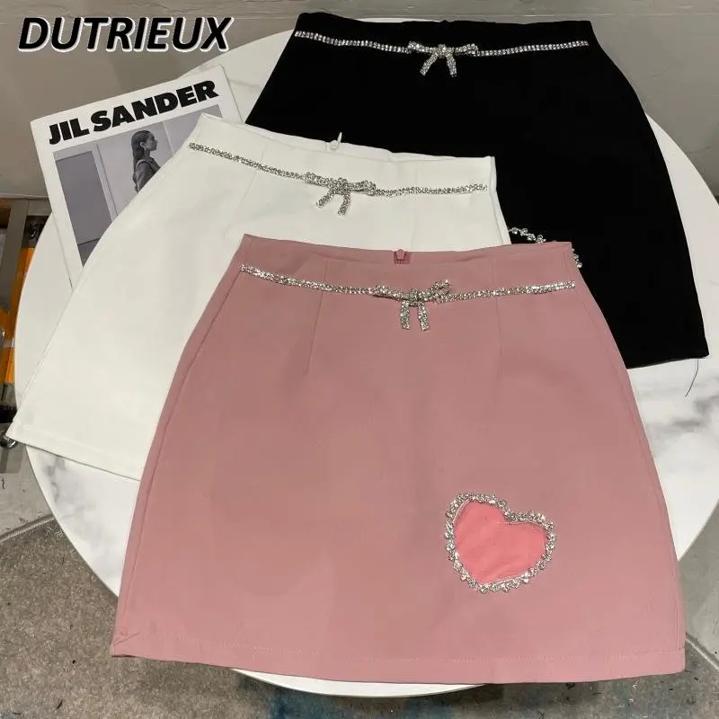 

Heart Shape Rhinestone Hollow Out Drill Chain A- Line Hip Mini Skirt Women Solid Color Simple Short Skirt 2023 New Spring Faldas