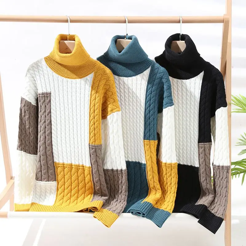 Winter Korean Handsome Patchwork Turtleneck Sweater Men Clothing High End Mens Christmas Sweaters Thick Warm Pull Homme