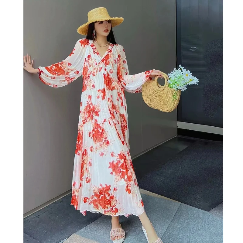 Женское длинное платье-трапеция с V-образным вырезом и рукавом до запястья