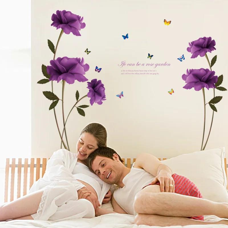 

New Purple Rose Butterfly Wall Stickers Bedroom Living Room Background Decorative Painting Wall Decoration Removable Poster