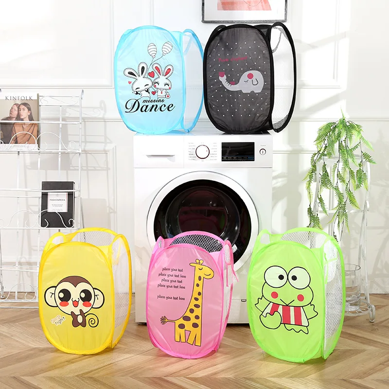 

Cartoon Foldable Laundry Basket Clothes Toy Storage Basket Hollow Mesh Breathable Household Laundry Hamper Sundries Organizer