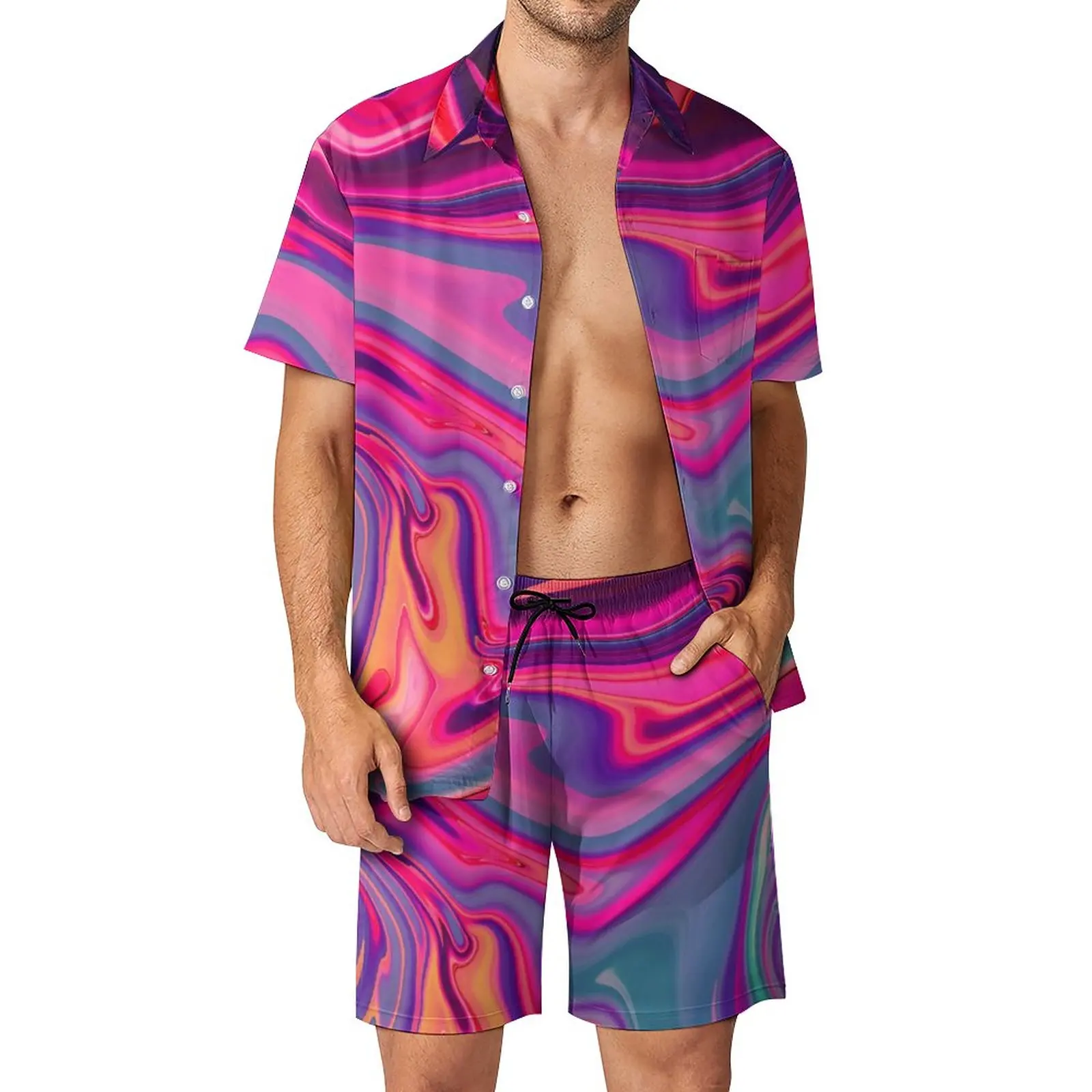 

Neon Abstract Print Men Sets Blue Liquid Marble Casual Shirt Set Trending Vacation Shorts Summer Suit Two-piece Big Size
