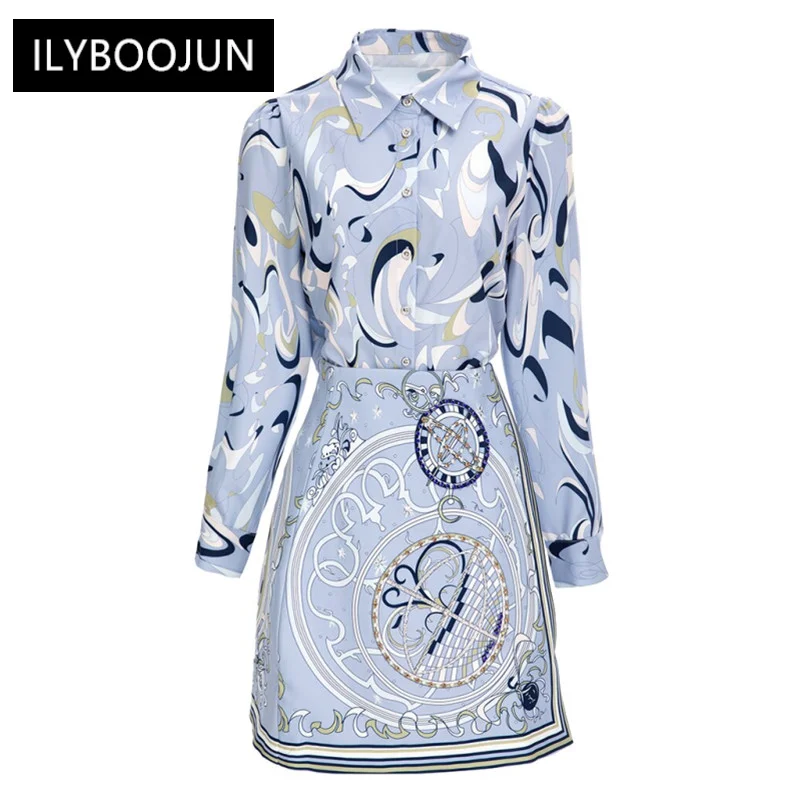

Two Piece Sets Womens Outifits 2022 Runway Skirts Suit Long Sleeve Single Breasted Shirt + Beading Printed skirt Pieces Set