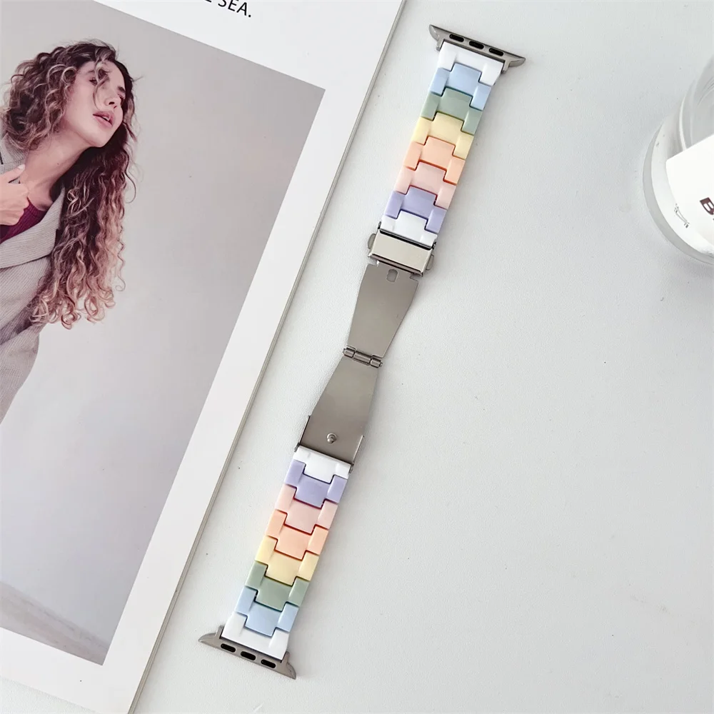 Милый ремешок из ПК радужного цвета для Apple Watch 45 мм 41 44 40 42 браслет умных часов iWatch