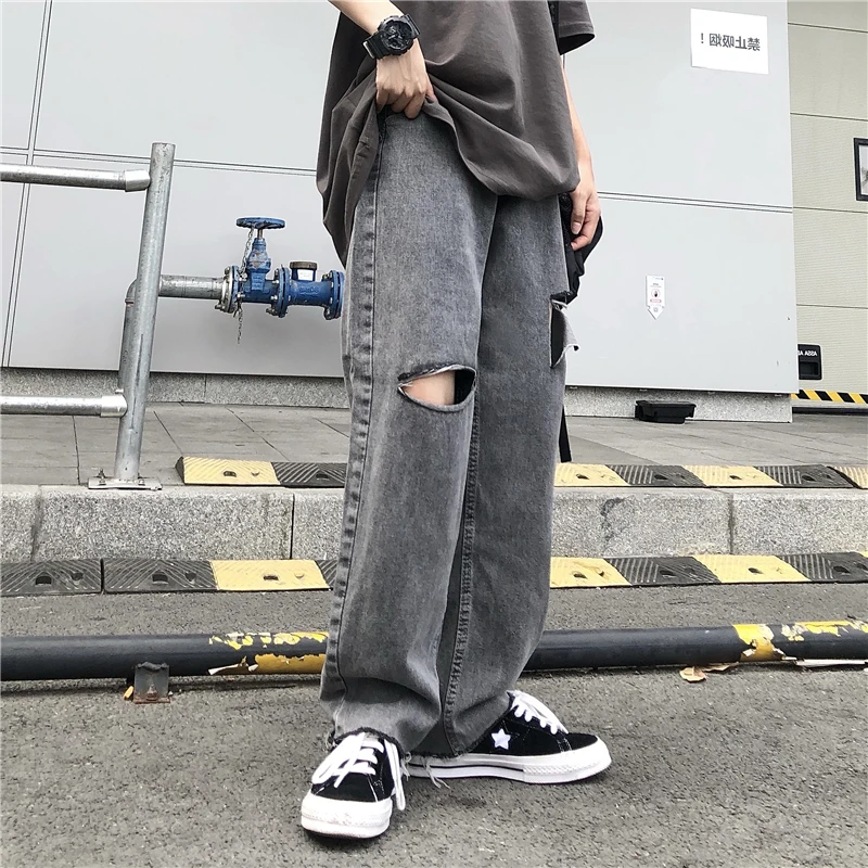 

Fashion Broken Hole Casual Straight Loose Jean Retro Loose Wide Leg Pants Hip hop High Street Autumn Washed Straight-leg Jeans