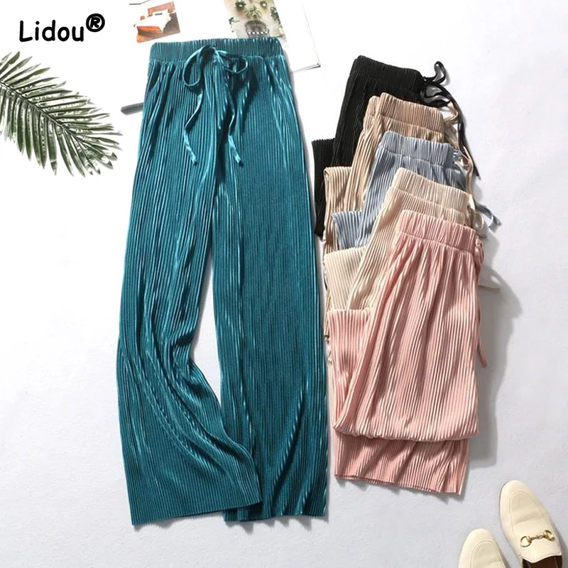 

Comfortable Solid Color Loose Pleated Straight Summer New Pants Female Fashion Casual Chiffon Drawstring Women's Clothing 2022