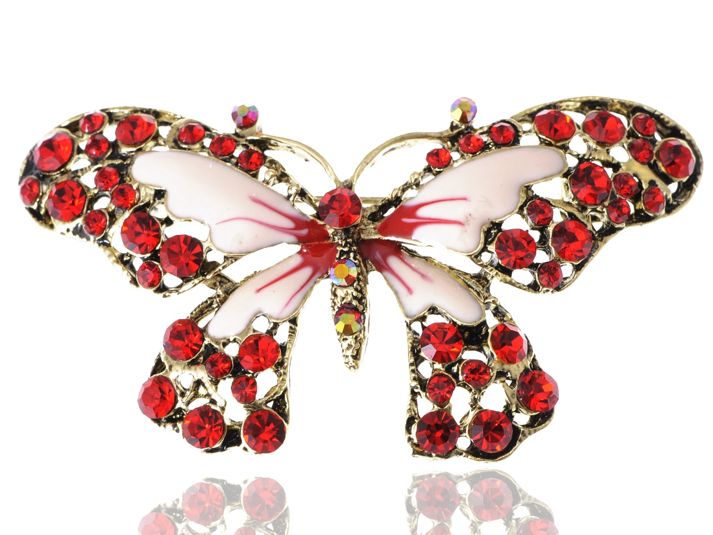 

Antique Golden Tone Red Rhinestones Butterfly Insect Wings Brooch Pin